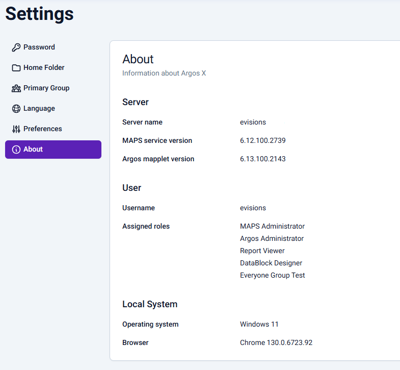 The About tab shows valuable information about your Argos environment.
